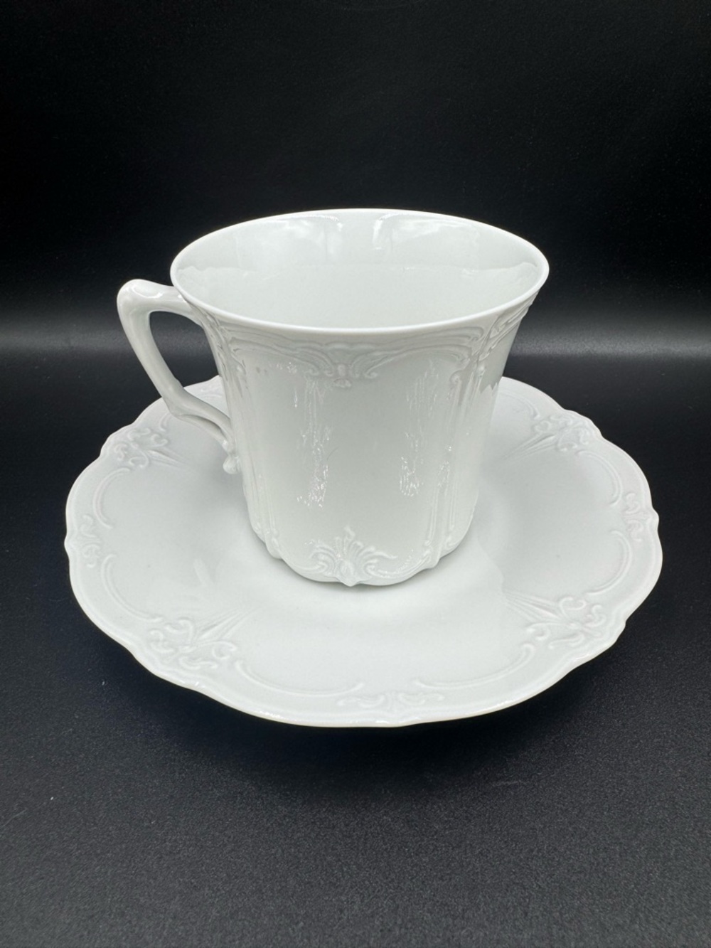 Alt Tirschenreuth 1838 Coffee Cup & Saucer Set – White Embossed Baroque